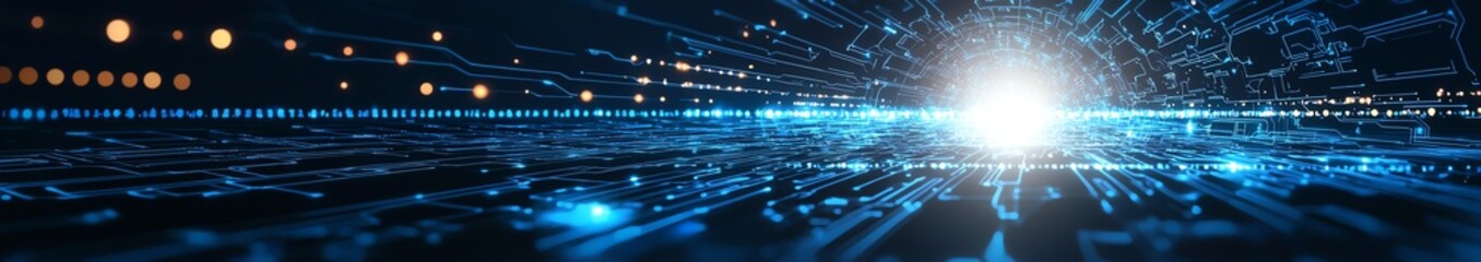 An intricate digital landscape showcasing vibrant blue light patterns and data flow, symbolizing technology, innovation, and the digital age. Perfect for high-tech themes.