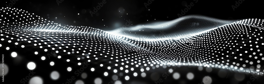 Poster this abstract visualization depicts flowing waves of light particles against a dark background, crea