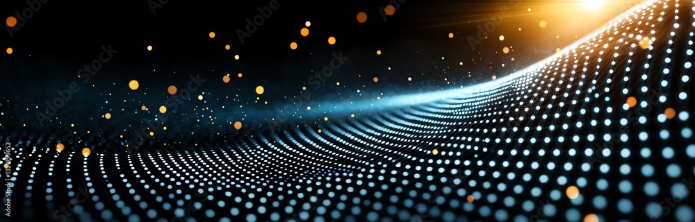 Poster a vibrant digital wave of colorful dots and light trails creating a dynamic visual effect, perfect f