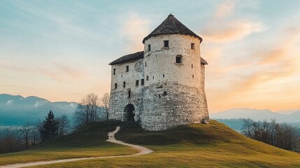 Stone Tower on Hilltop at Sunset, Mountain Range Background