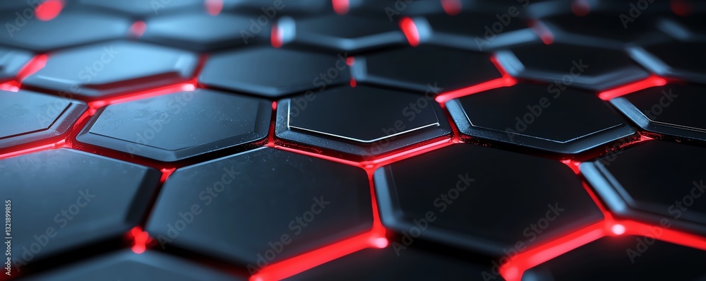Poster a close-up view of a futuristic hexagonal pattern with glowing red edges on a dark surface, represen