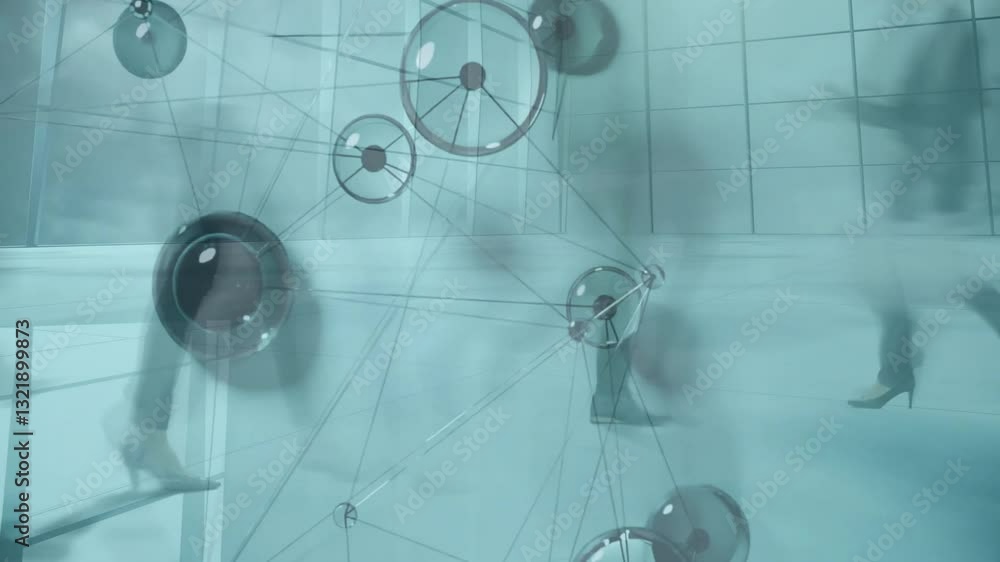 Poster network of connections and data processing animation over people walking in office