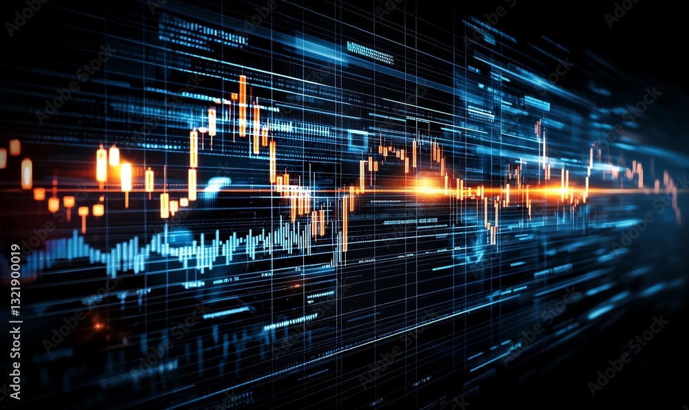 Poster dynamic abstract image depicting a digital stock market graph. the image features a futuristic desig