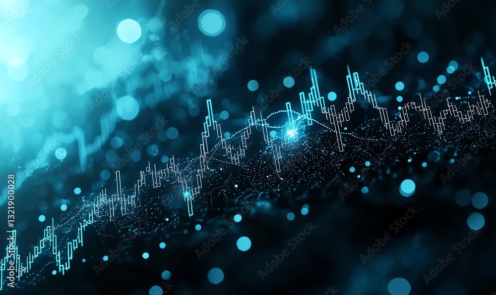 Poster a captivating abstract representation of data analytics featuring glowing lines and bubbles, symboli