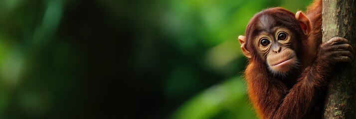 A cute young monkey curiously peeking around a tree trunk, showcasing its playful nature and the lush greenery of its natural habitat.