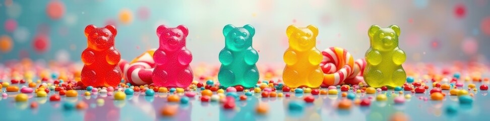 Rainbow lollipops, gummy bears, and candy sprinkles , chocolate, treats, happy