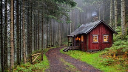 Rustic Red Cabin In Misty Forest
