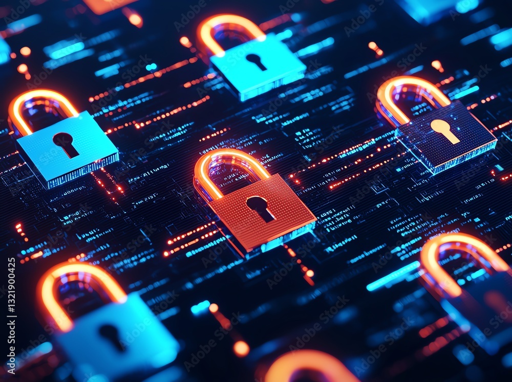 Poster a digital representation of security locks highlighting the importance of cybersecurity in the moder