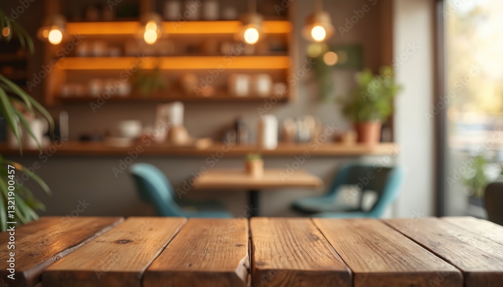 Poster blurred bokeh cafe background with empty wooden table. table surface space for product, food, coffee