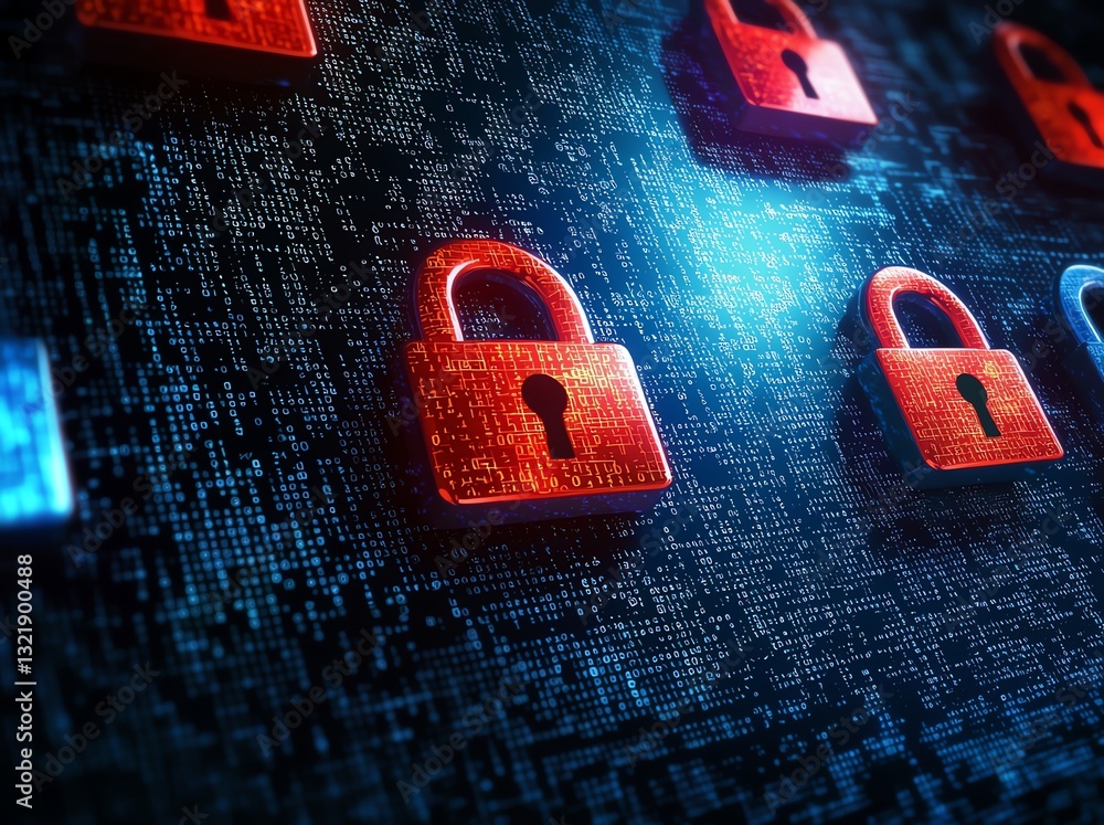 Poster a detailed close-up of digital locks represented by red icons against a textured blue background, sy