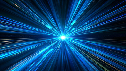 Vivid Blue Light Rays Emanating From Central Bright Source On Dark Background Abstract Digital Light Speed Motion Blur