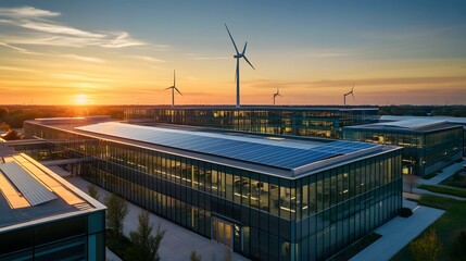 Modern Office Complex with Solar Panels and Wind Turbine at Sunset