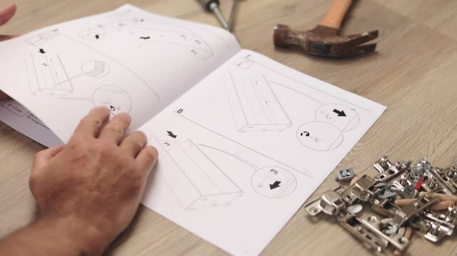 Professional carpenter reviewing furniture assembly manual, workspace scattered with tools, focusing intently on precise woodworking construction steps