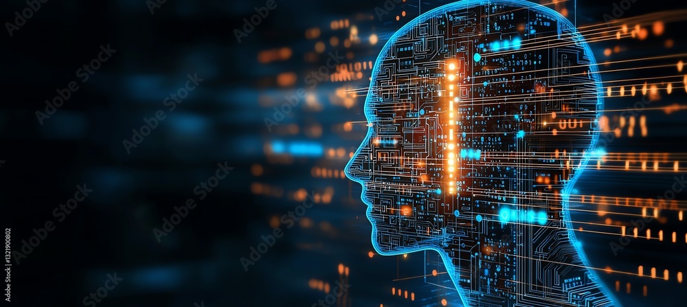 Poster a futuristic digital representation of a human head illuminated with vibrant circuitry. this image s