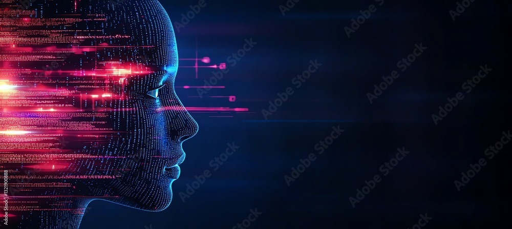 Poster this image features a digital rendering of a human-like figure with high-tech elements and dynamic e