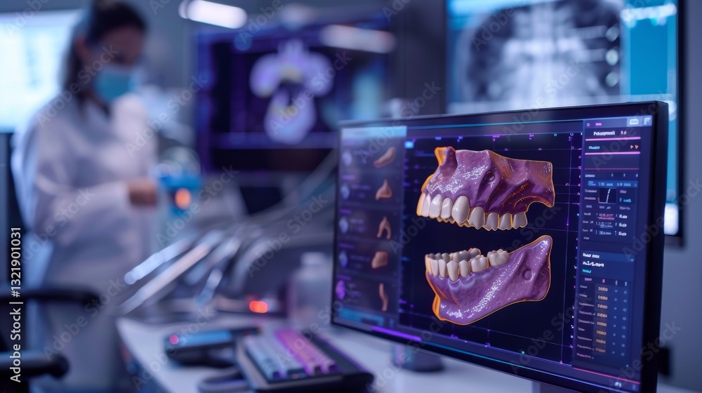 Poster A professional examines detailed 3D dental models on a screen while a laboratory is equipped with high tech tools and imaging equipment, showcasing a focus on dental health innovations.