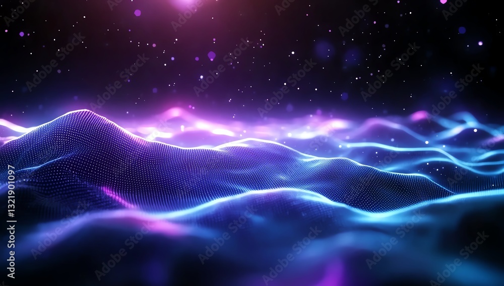 Poster a mesmerizing visual of undulating waves illuminated by vibrant hues of blue and purple, creating an