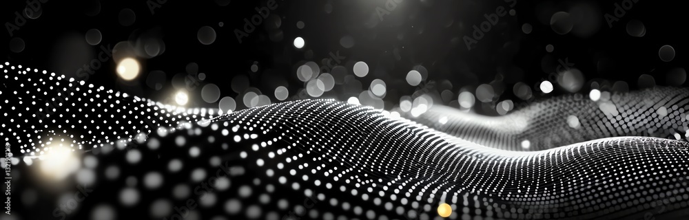 Poster an abstract digital landscape featuring intricate wave patterns and shimmering particles