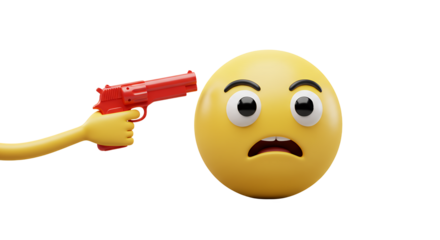 Pointing gun toward a scared emoji face on white background
