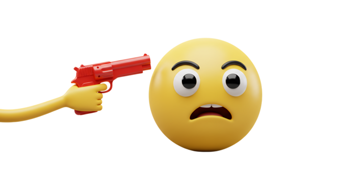 Pointing gun toward a scared emoji face on white background