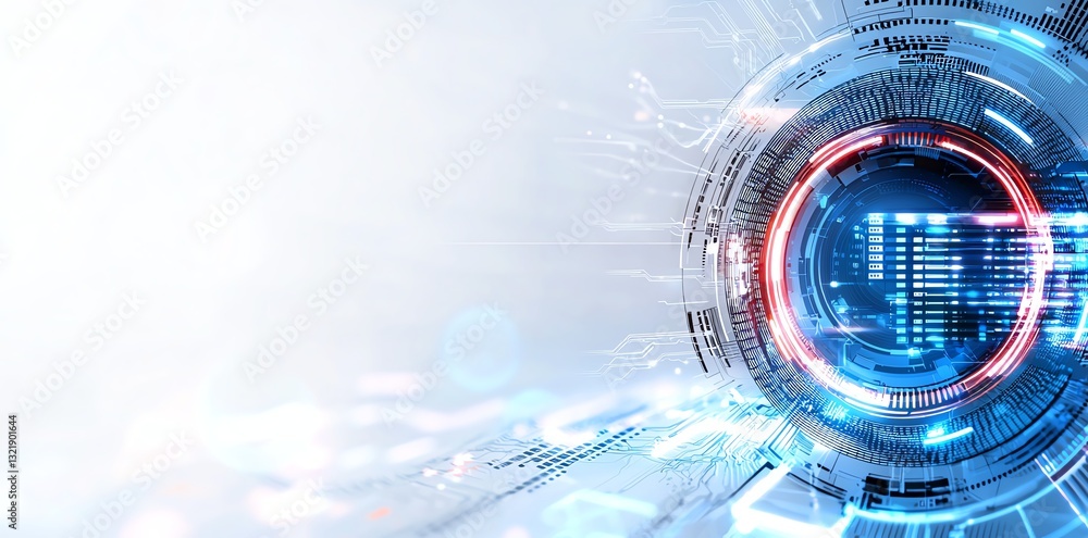 Poster a futuristic digital interface showcasing advanced technology with vibrant colors and intricate patt