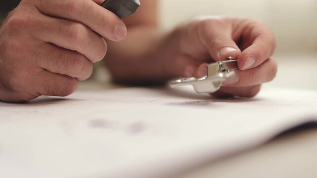 An experienced carpenter installs metal furniture hinges using precise techniques and paying close attention to detailed assembly instructions.