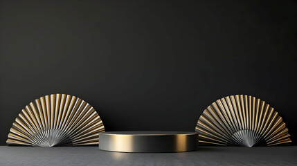 A 3D Rendered Metallic Silver And Gold Podium On A Textured Dark Background With Ornate Decorative Elements Lit With Subtle Backlighting Perfect For