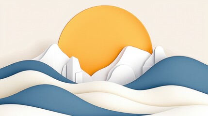 Serene Paper Art Landscape Mountains and Ocean Waves Under a Yellow Sun