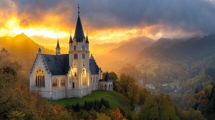 Stone Church on Hilltop at Sunset with Autumn Foliage and Mountain View