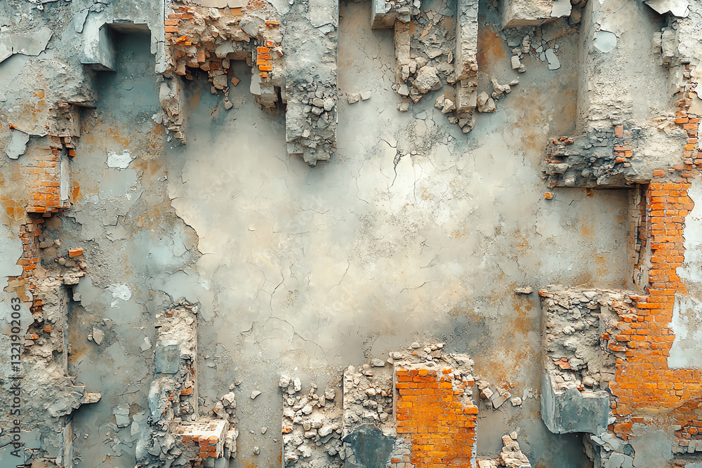 Poster abstract close-up of a wall with peeling paint and exposed bricks, showcasing textures and colors of