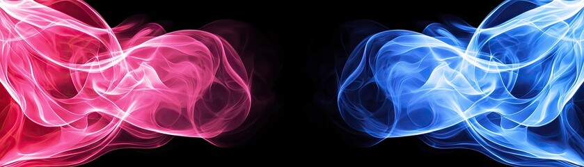 Fototapeta premium Abstract pink blue smoke swirls, dark background, opposition concept