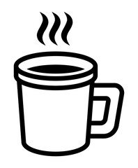 A black and white icon of a steaming travel coffee mug with a handle symbolizing a portable hot beverage like coffee or tea.