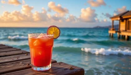 Bright red-orange cocktail with lime slice, on wooden deck by ocean, with low sun and clear sky, symbolizing a relaxed beach vibe and sunset drink.