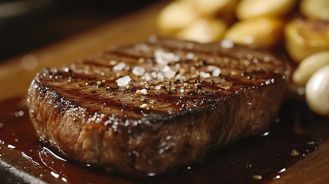 A close-up of a New York strip steak, grilled to perfection with bold sear marks, plated with whole roasted garlic and a swirl of balsamic glaze.