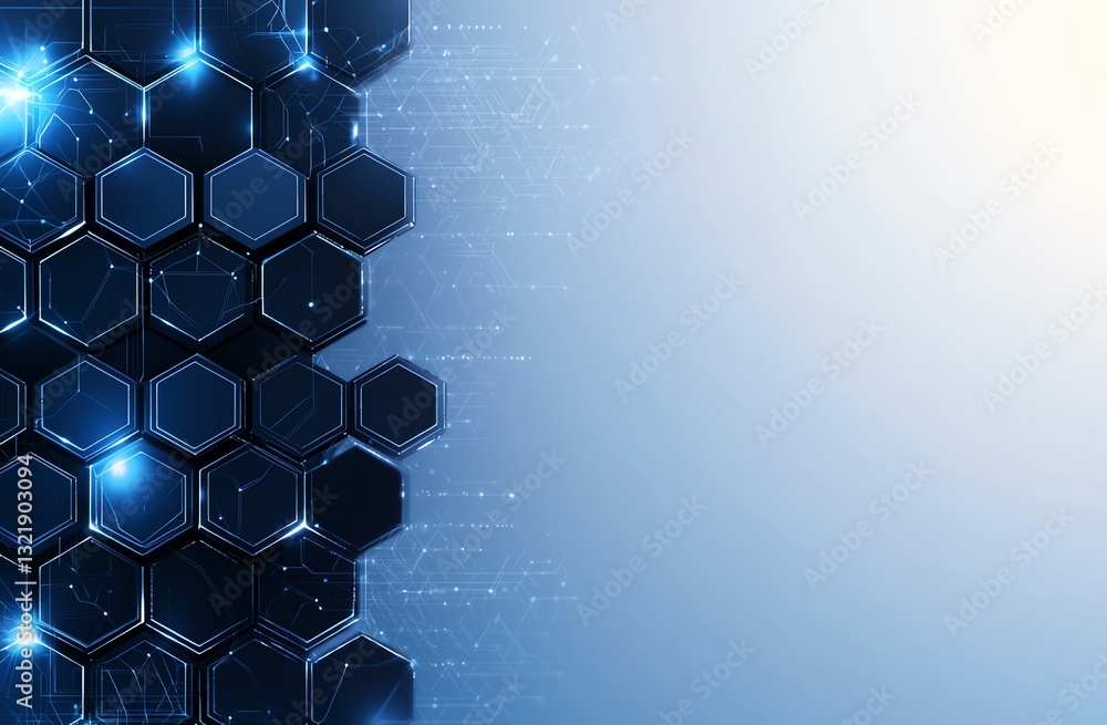 Poster a modern abstract pattern featuring hexagonal shapes with glowing blue effects, perfect for backgrou