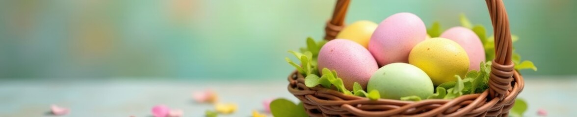 Tiny pastel eggs in a basket, vibrant spring colors, colorful eggs, food, chick