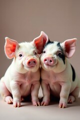 Two chubby pig siblings, different colored spots, young, piglets, adorable