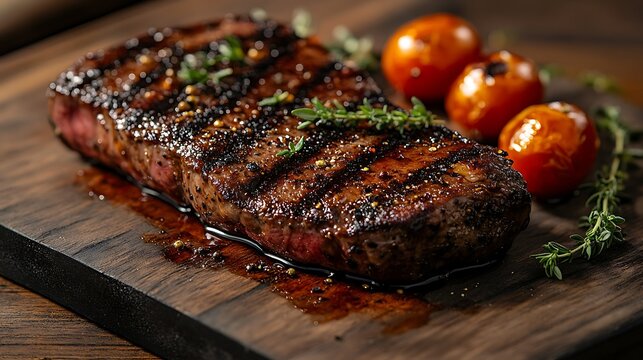 A close-up of a sirloin steak cooked to a perfect medium-rare, resting on a rustic wooden board. The dish features charred cherry tomatoes, a rich peppercorn sauce drizzle, and fresh thyme,