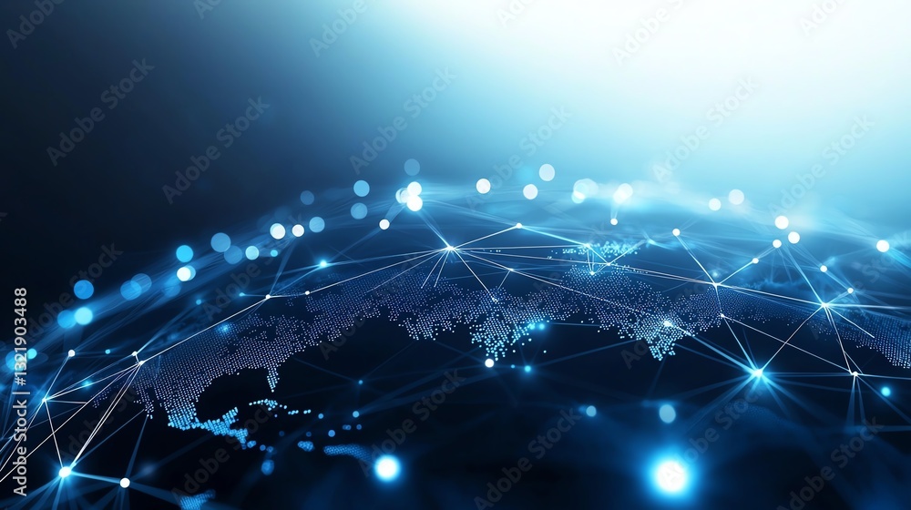 Poster this high-tech image illustrates a digital world with interconnected global networks and bright blue
