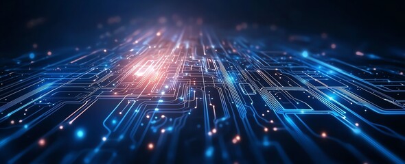 Naklejka premium A vibrant and intricate digital circuit board, showcasing interconnected lines and luminous nodes. It represents advancements in technology and artificial intelligence.