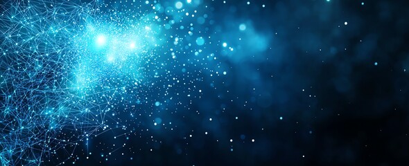 A captivating visual of blue particles and light beams in a mesmerizing cosmic backdrop, illustrating the beauty of technology and the wonders of the universe.
