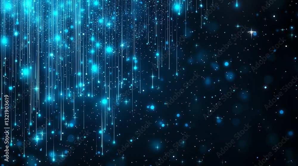Poster a mesmerizing display of blue particles cascading down against a dark backdrop, creating a stunning 