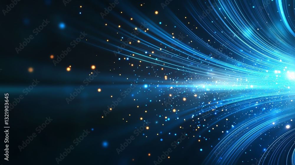Poster an abstract burst of light, featuring vibrant blue rays and shimmering particles. this visually stri