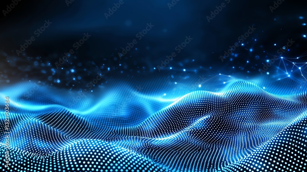Poster a mesmerizing digital landscape depicting flowing waves of blue light and dotted patterns, represent