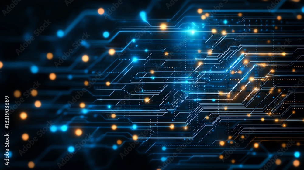 Poster abstract digital circuit board with glowing lines and nodes, representing advanced technology and in
