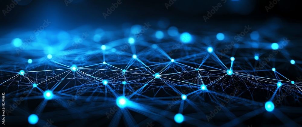 Poster a dynamic blue network visualization depicting interconnected nodes and lines, representing data flo