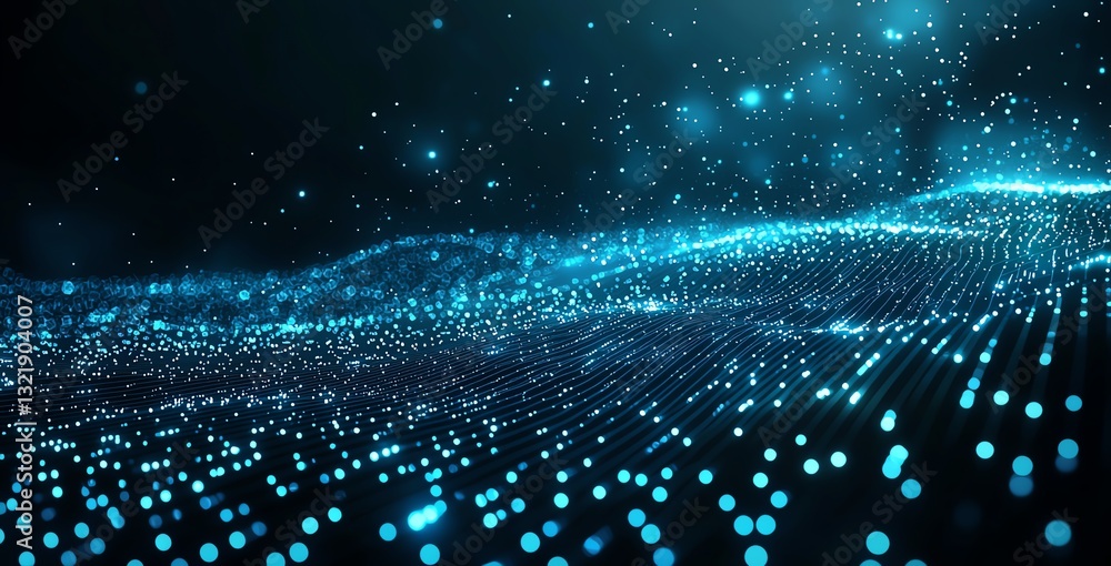 Aufkleber an abstract digital landscape featuring glowing blue particles and waves, symbolizing data flow and 