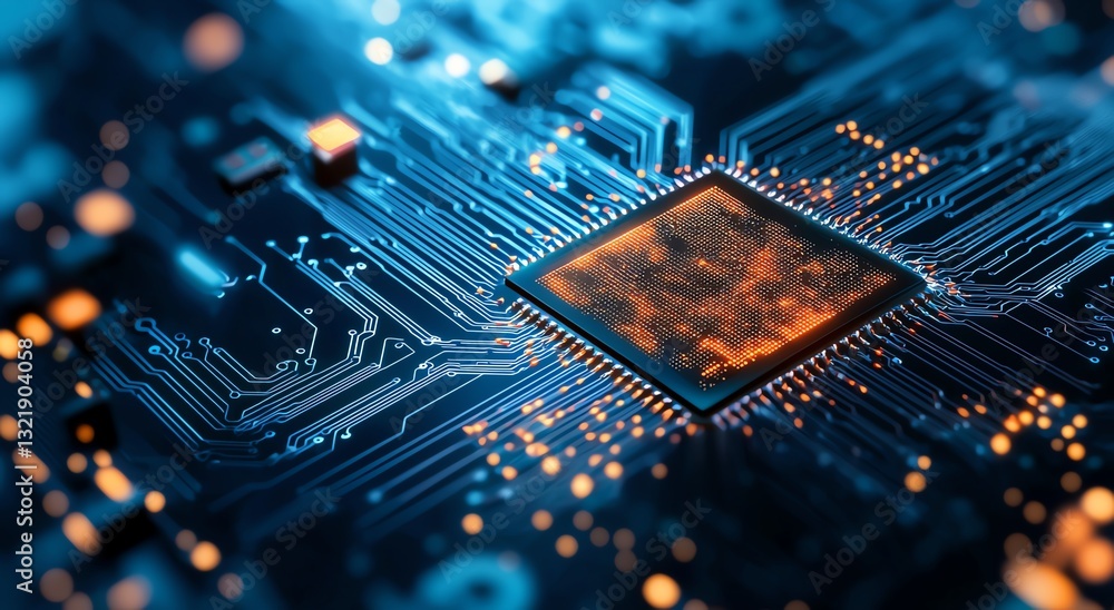 Poster detailed close-up of a computer chip on a circuit board, showcasing intricate patterns and glowing l