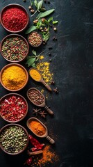 A beautiful display of assorted spices in wooden bowls against a dark backdrop highlights their rich colors and textures, awakening the senses and inspiring culinary creations