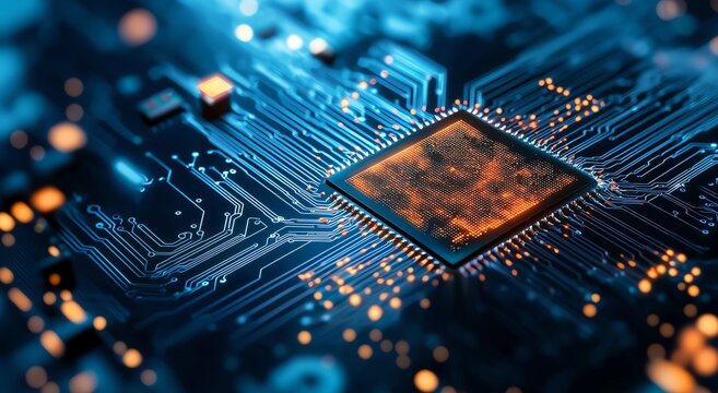 Detailed close-up of a computer chip on a circuit board, showcasing intricate patterns and glowing lights, symbolizing advanced technology and innovation in electronics.